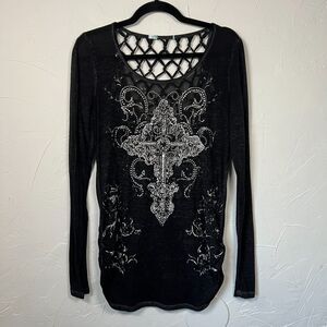 Whimsigoth Black Rhinestone Cross Lattice Back Top Size M y2k Goth Alt Edgy